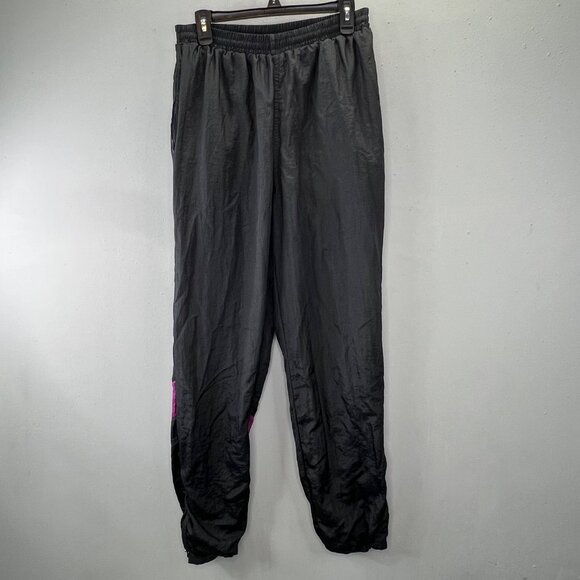 Vintage 80s Windbreaker Pants L Men Black Purple Lined Pockets Ankle Zip Warmup - Picture 2 of 6